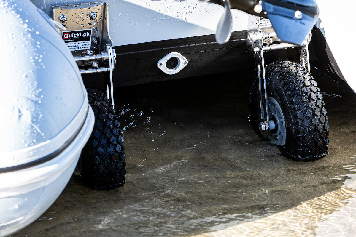 True Kit Discovery with QuickLok Dinghy Wheels for easily moving the boat across land and sand